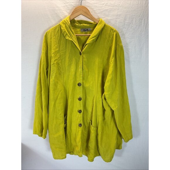 Flax Linen‎ Long slv Green Buttondown Blouse Womens Size 1G Lagenlook Artsy - Picture 1 of 10